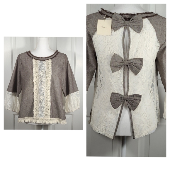 NWT Ryu Brown Taupe Top w/ Cream Lace, Crochet Detail, Fringe & Bows Size Medium - Picture 1 of 17